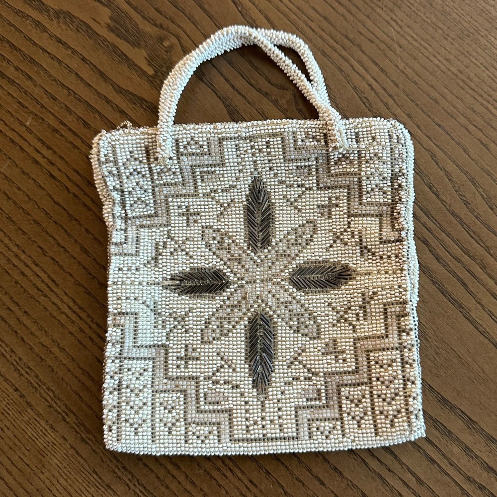 Vintage Beaded Evening Bag Cream Silver Geometric Floral‎ Top Handle Mini Purse